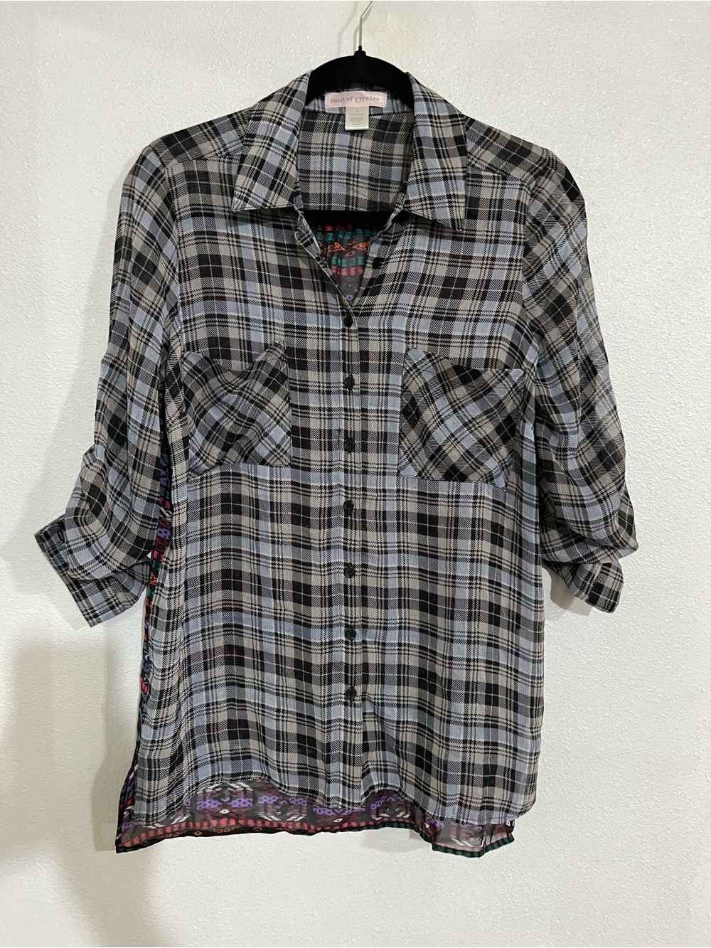 Black and Gray Plaid Button down high low Top